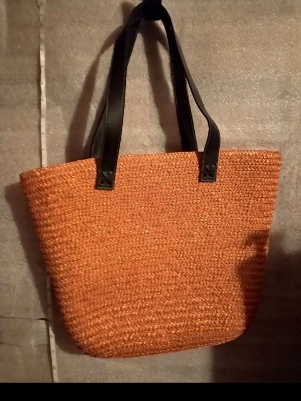 Woven Straw Tote Bag with Black Handles - Orange